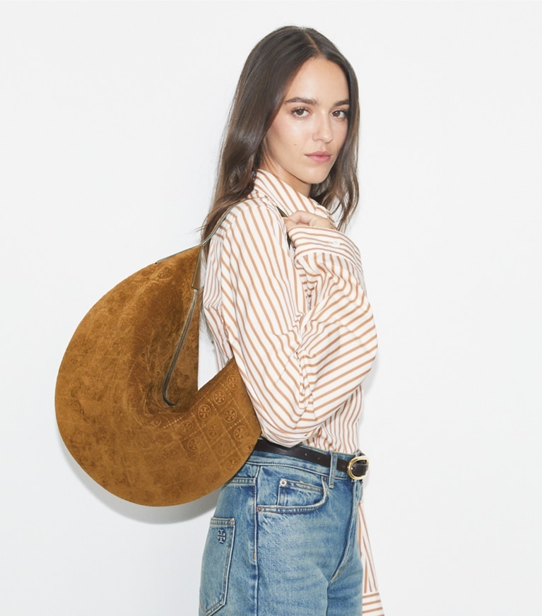 Tory Burch designer hobo bags T Monogram Suede Balloon Bag in CHICORY BROWN angle
