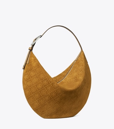 Tory Burch designer ホーボーバッグ Tモノグラム スエード バルーンバッグ in CHICORY BROWN angle