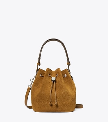 Tory Burch designer crossbody bags T Monogram Suede Bucket Bag in CHICORY BROWN front