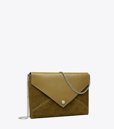 Tory Burch designer mini bags T Monogram Suede Envelope Chain Pouch in Deep Olive angle