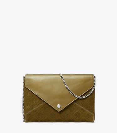 Tory Burch designer mini bags T Monogram Suede Envelope Chain Pouch in Deep Olive front