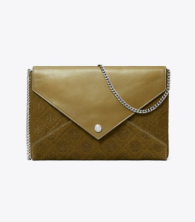 Tory Burch designer mini bags T Monogram Suede Envelope Chain Pouch in Deep Olive front