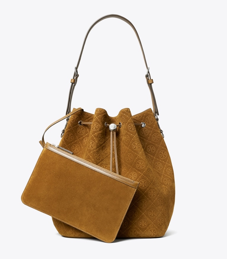 Tory Burch designer hobo bags T Monogram Suede Oversized Bucket Bag in CHICORY BROWN angle