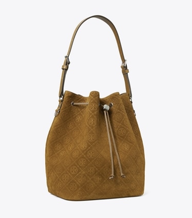 Tory Burch designer hobo bags T Monogram Suede Oversized Bucket Bag in CHICORY BROWN angle