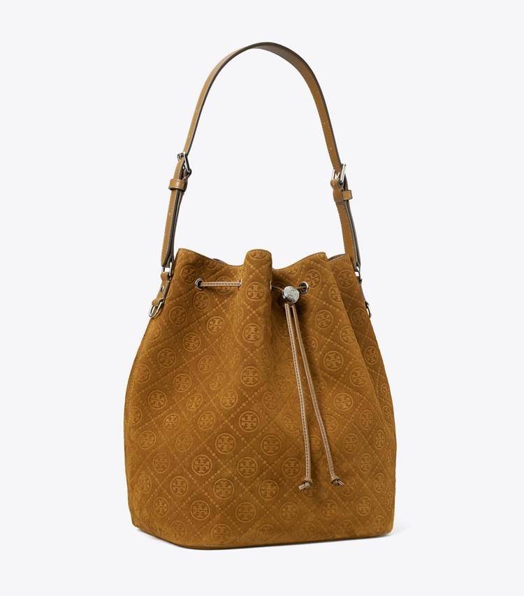 Tory Burch designer hobo bags T Monogram Suede Oversized Bucket Bag in CHICORY BROWN angle