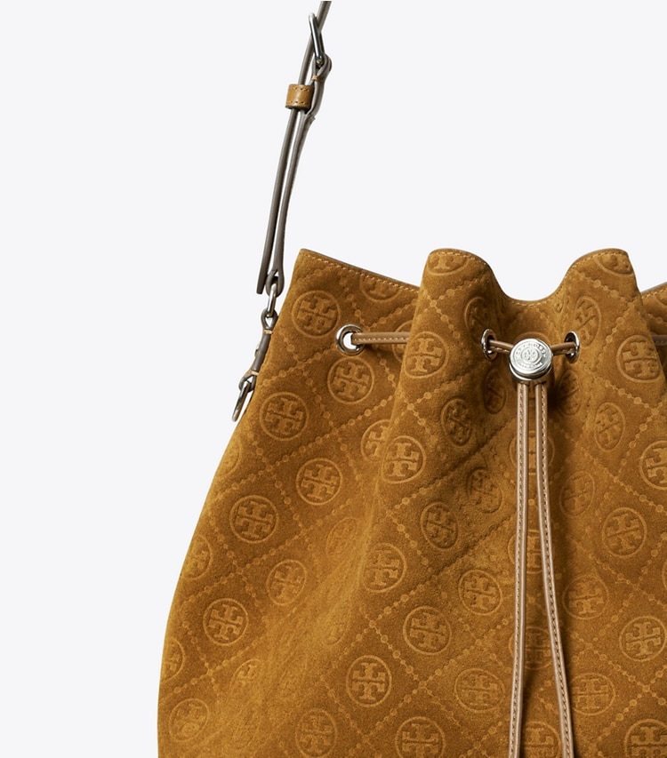 Tory Burch designer hobo bags T Monogram Suede Oversized Bucket Bag in CHICORY BROWN detail