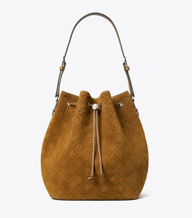 Tory Burch designer hobo bags T Monogram Suede Oversized Bucket Bag in CHICORY BROWN front