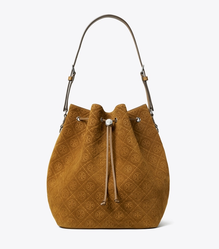 Tory Burch designer hobo bags T Monogram Suede Oversized Bucket Bag in CHICORY BROWN angle