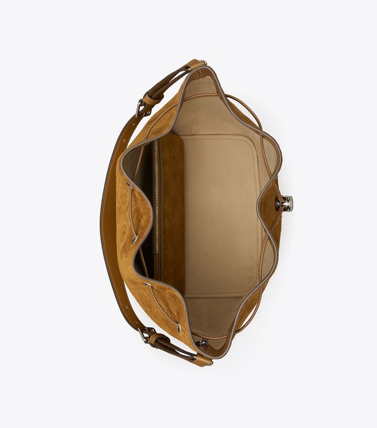Tory Burch designer hobo bags T Monogram Suede Oversized Bucket Bag in CHICORY BROWN angle