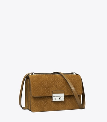 Tory Burch designer shoulder bags T Monogram Suede Shoulder Bag in CHICORY BROWN angle