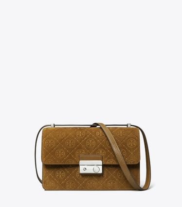 Tory Burch designer shoulder bags T Monogram Suede Shoulder Bag in CHICORY BROWN front
