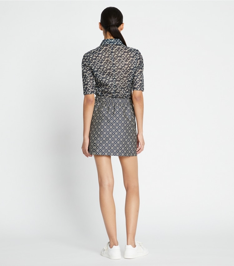 Tory Sport designer bottoms T Monogram Tech Jacquard Skirt in TORY NAVY T MONOGRAM SMALL SPORT on model back