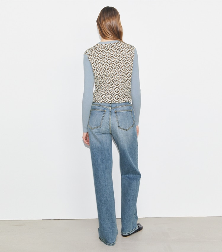 Tory Sport designer sweaters T Monogram Tech Knit Sweater in Prismatic T Monogram Small Melange on model back