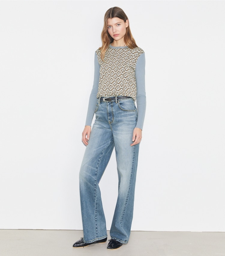 Tory Sport designer sweaters T Monogram Tech Knit Sweater in Prismatic T Monogram Small Melange on model front