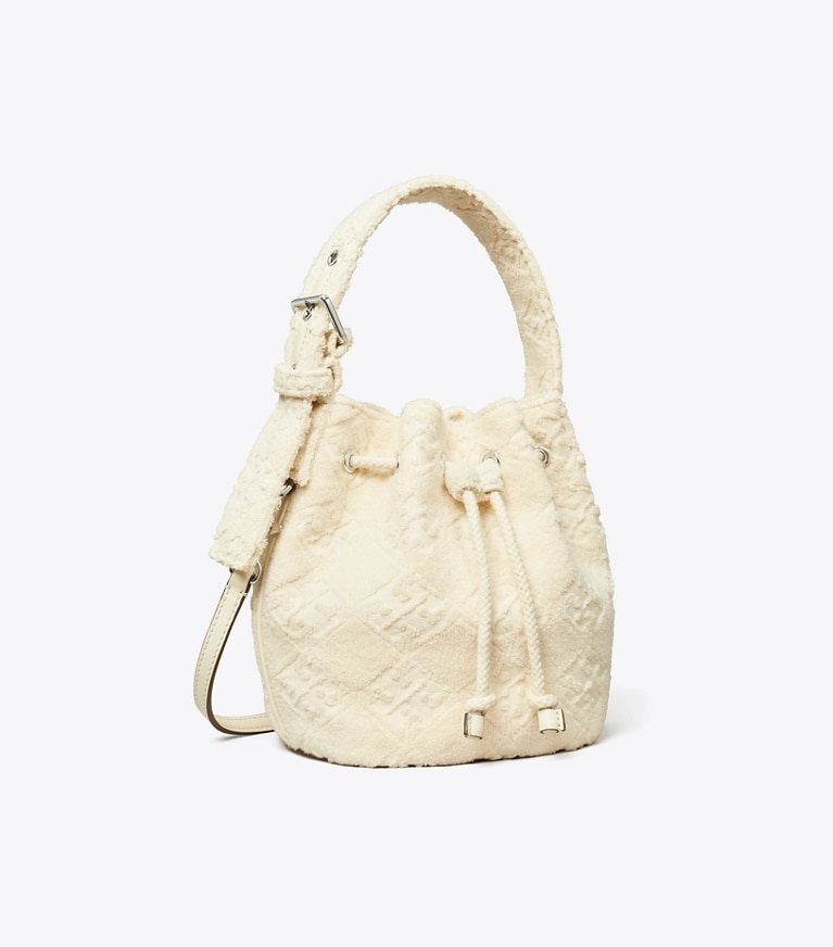 Tory Burch designer crossbody bags T Monogram Terry Mini Bucket Bag in Pearl angle