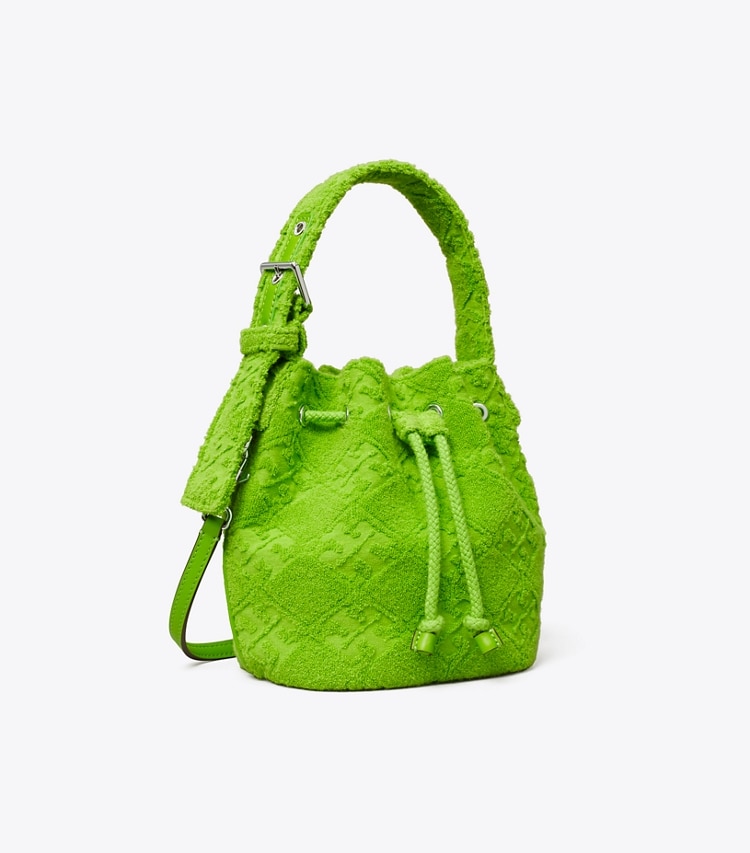 Tory Burch designer crossbody bags T Monogram Terry Mini Bucket Bag in Bright Fern angle