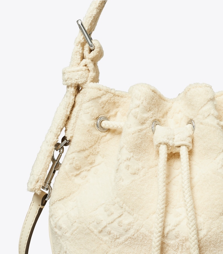Tory Burch designer crossbody bags T Monogram Terry Mini Bucket Bag in Pearl angle