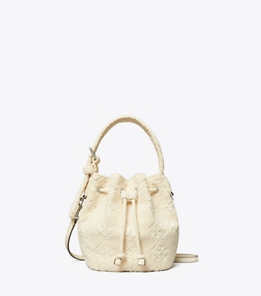 Tory Burch designer crossbody bags T Monogram Terry Mini Bucket Bag in Pearl front