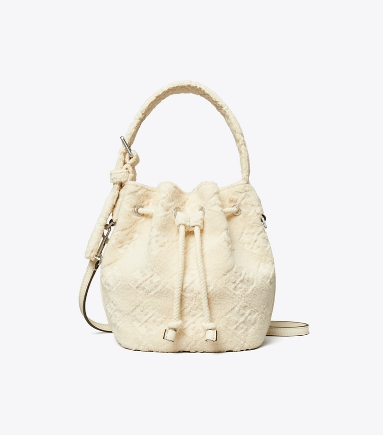 Tory Burch designer crossbody bags T Monogram Terry Mini Bucket Bag in Pearl angle