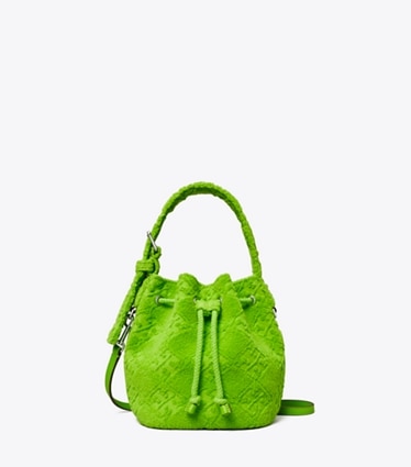 Tory Burch designer crossbody bags T Monogram Terry Mini Bucket Bag in Bright Fern front