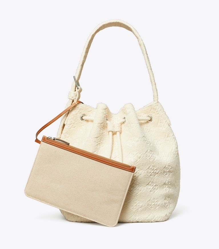 Tory Burch designer hobo bags T Monogram Terry Oversized Bucket Bag in Pearl angle