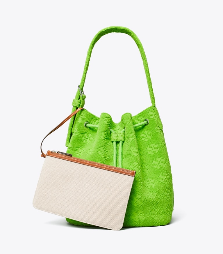 Tory Burch designer hobo bags T Monogram Terry Oversized Bucket Bag in Bright Fern angle