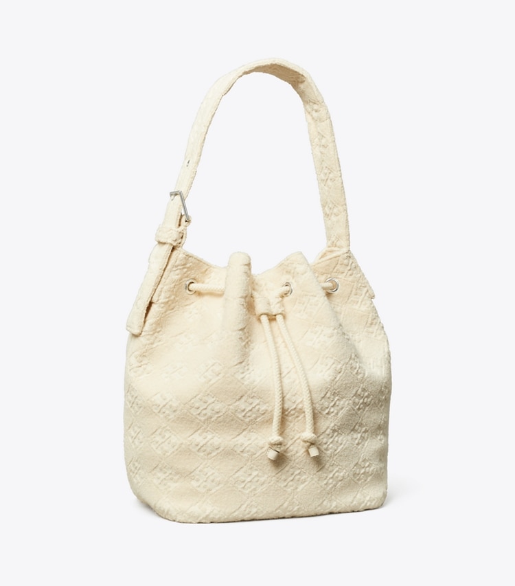 Tory Burch designer hobo bags T Monogram Terry Oversized Bucket Bag in Pearl angle
