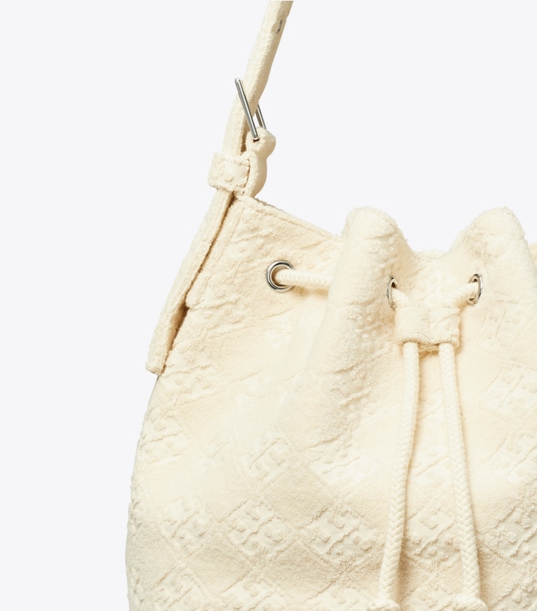 Tory Burch designer hobo bags T Monogram Terry Oversized Bucket Bag in Pearl angle