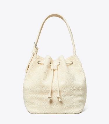 Tory Burch designer hobo bags T Monogram Terry Oversized Bucket Bag in Pearl front