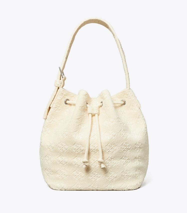 Tory Burch designer hobo bags T Monogram Terry Oversized Bucket Bag in Pearl front