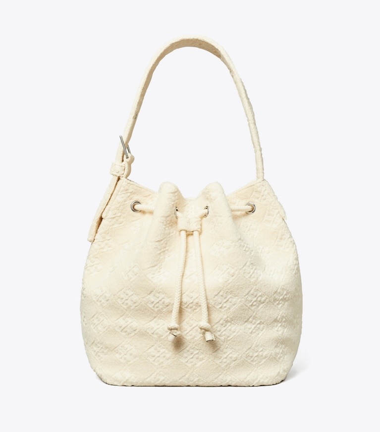 Tory Burch designer hobo bags T Monogram Terry Oversized Bucket Bag in Pearl angle