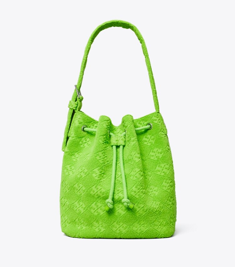 Tory Burch designer hobo bags T Monogram Terry Oversized Bucket Bag in Bright Fern front