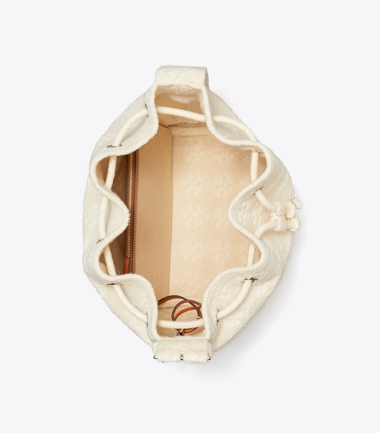 Tory Burch designer hobo bags T Monogram Terry Oversized Bucket Bag in Pearl overhead