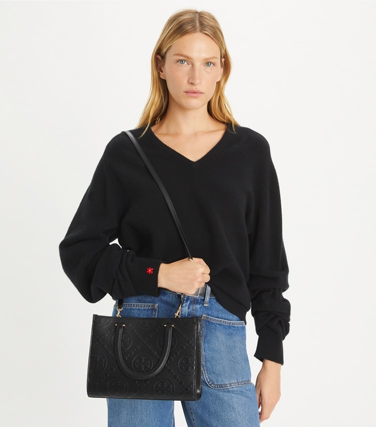 Tory Burch designer tote bags T Monogram Top-Handle Embossed Tote in Black accessory on model