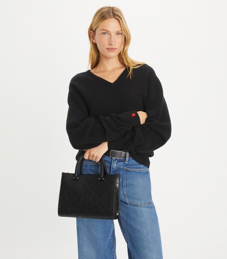 Tory Burch designer tote bags T Monogram Top-Handle Embossed Tote in Black additional on model