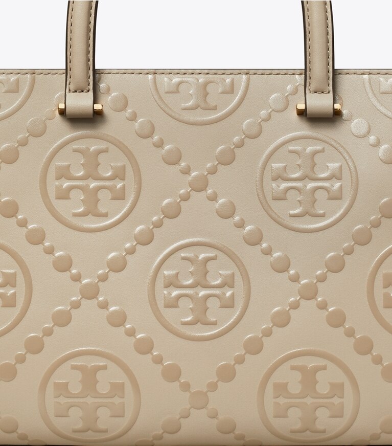 Tory Burch designer トートバッグ Tモノグラム トップハンドル エンボストート in Fresh Clay angle