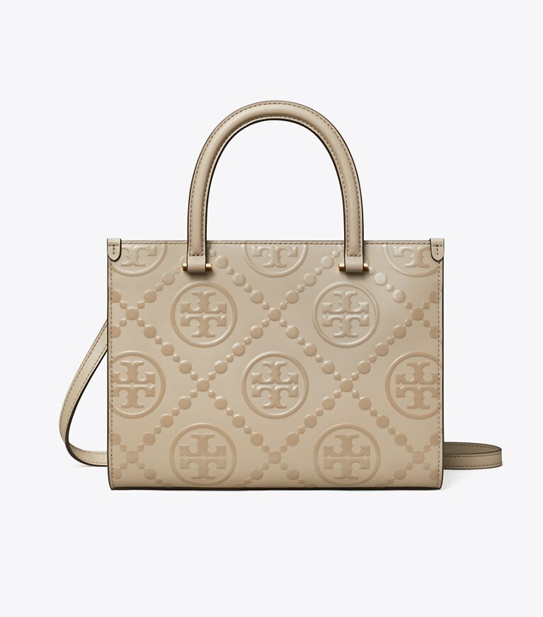 Tory Burch designer トートバッグ Tモノグラム トップハンドル エンボストート in Fresh Clay angle