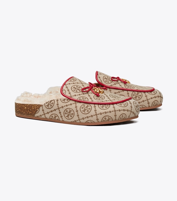 Tory Burch designer flats T Monogram Tory Charm Shearling Mule in HAZEL /TORY RED / BUTTERMILK angle