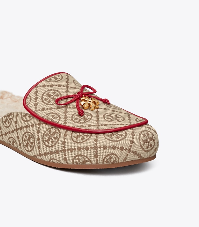Tory Burch designer flats T Monogram Tory Charm Shearling Mule in HAZEL /TORY RED / BUTTERMILK angle