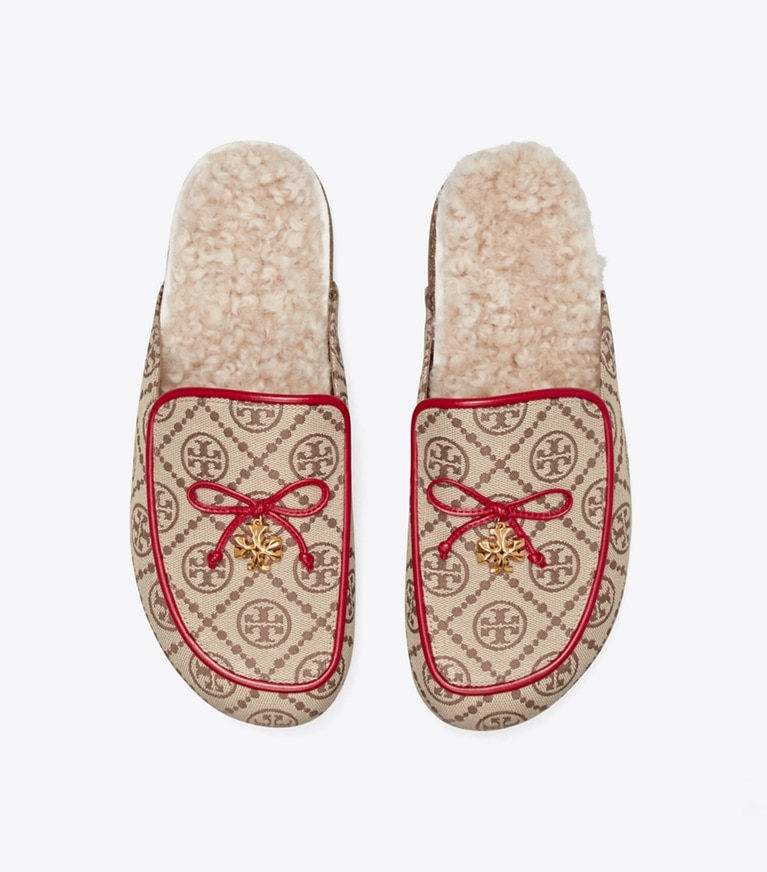 Tory Burch designer flats T Monogram Tory Charm Shearling Mule in HAZEL /TORY RED / BUTTERMILK angle