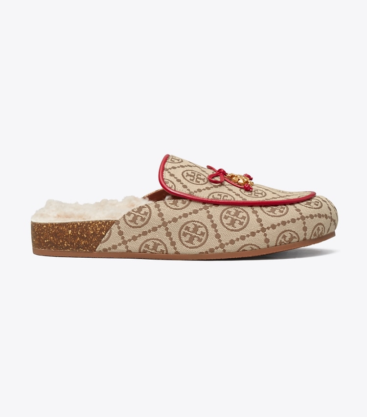 Tory Burch designer flats T Monogram Tory Charm Shearling Mule in HAZEL /TORY RED / BUTTERMILK side
