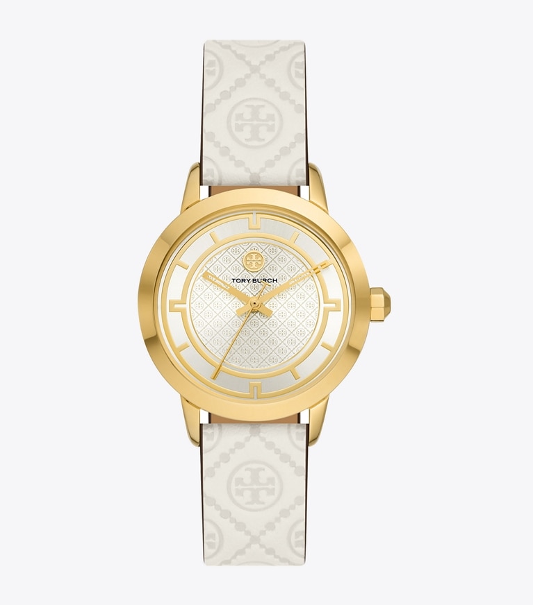 T Monogram Tory Watch, Ivory Leather/Gold-Tone Stainless Steel, 32 