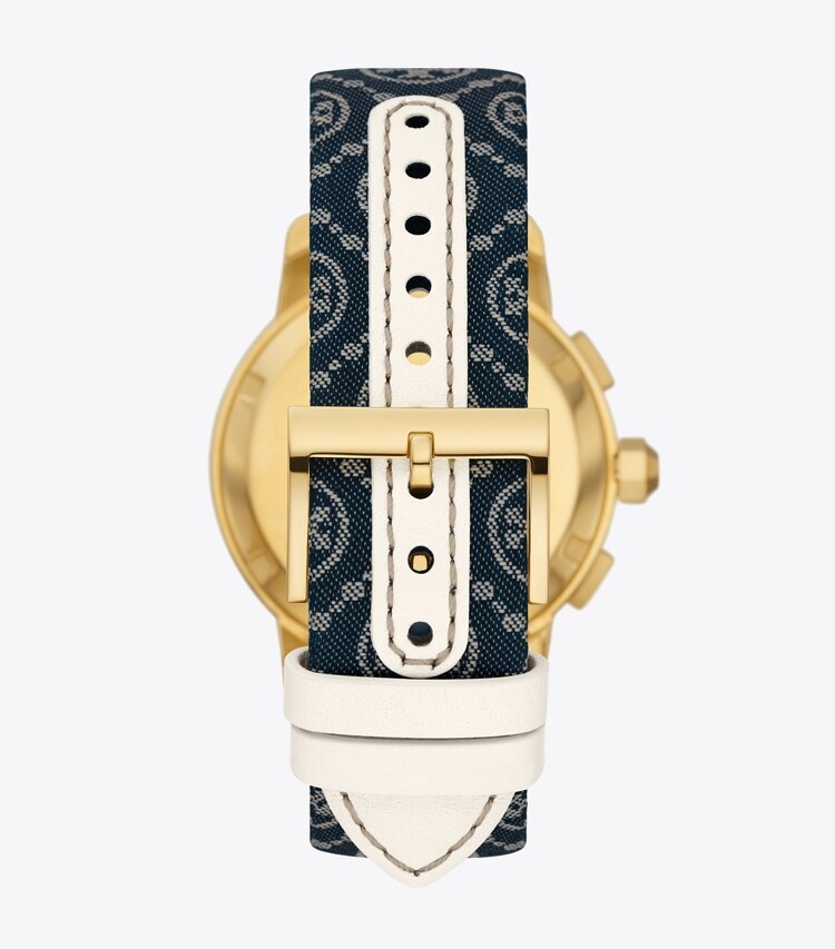 Tory Burch designer strap watches T Monogram Tory Watch, Leather/Gold-Tone Stainless Steel in Navy T Monogram/Jacquard/Ivory back