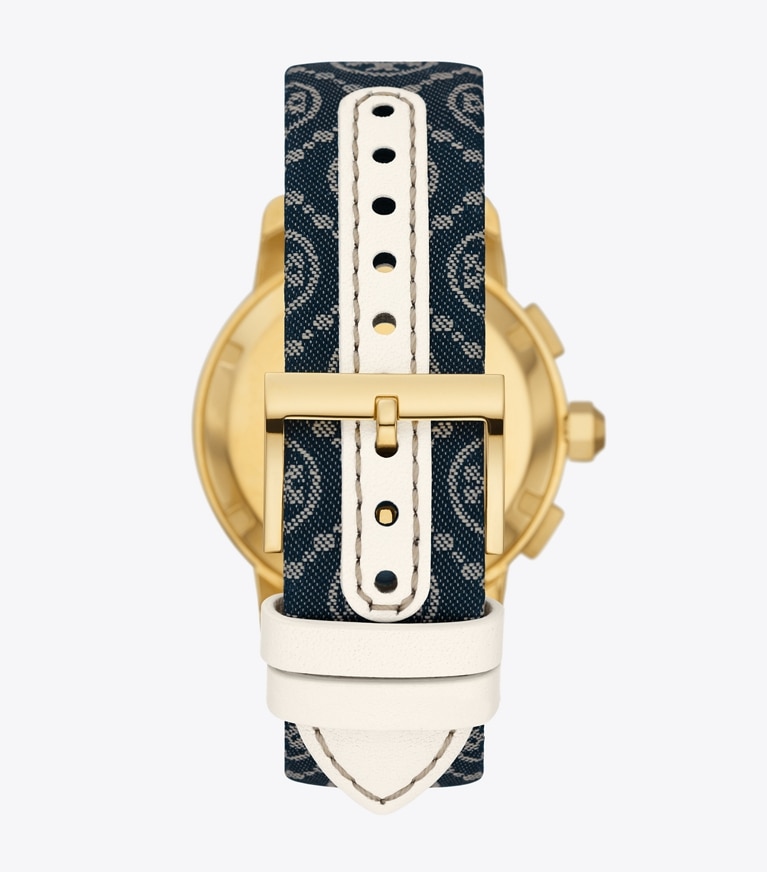 Tory Burch designer strap watches T Monogram Tory Watch, Leather/Gold-Tone Stainless Steel in Navy T Monogram/Jacquard/Ivory front