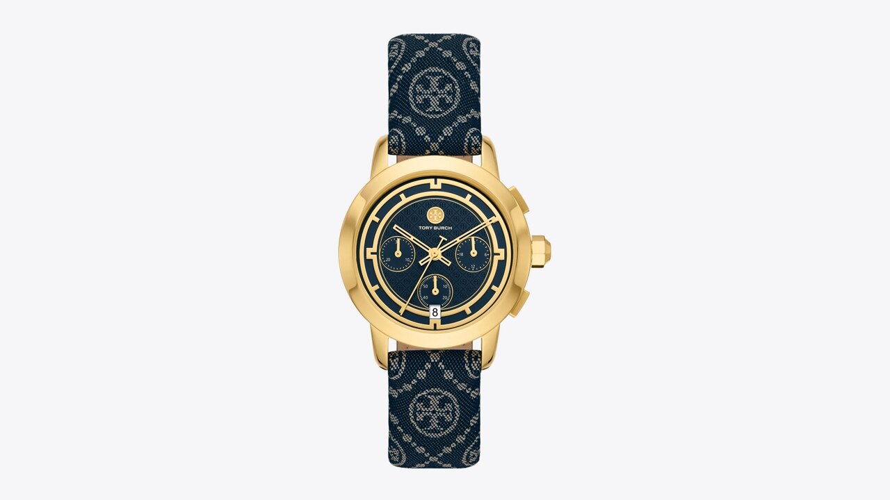 T Monogram Tory Watch, Leather/Gold-Tone Stainless Steel