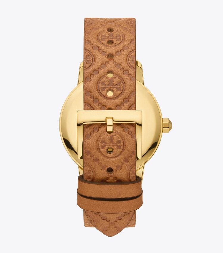Tory Burch designer strap watches T Monogram Tory Watch, Luggage Leather/Gold-Tone Stainless Steel, 32 x 42MM  in IVORY/CAMMELLO back