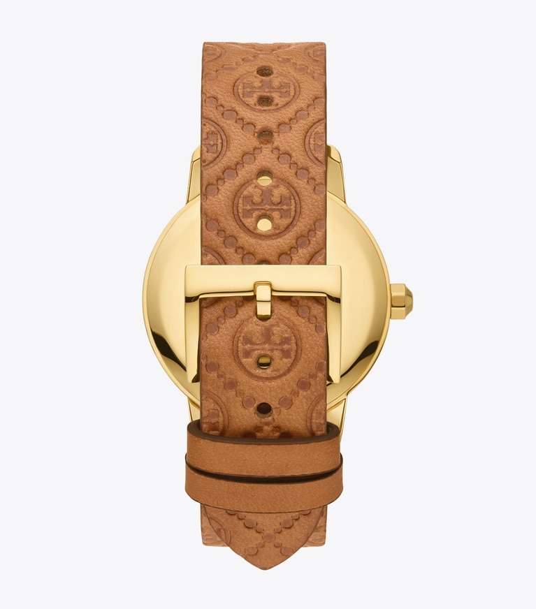 Tory Burch designer strap watches T Monogram Tory Watch, Luggage Leather/Gold-Tone Stainless Steel, 32 x 42MM  in IVORY/CAMMELLO front