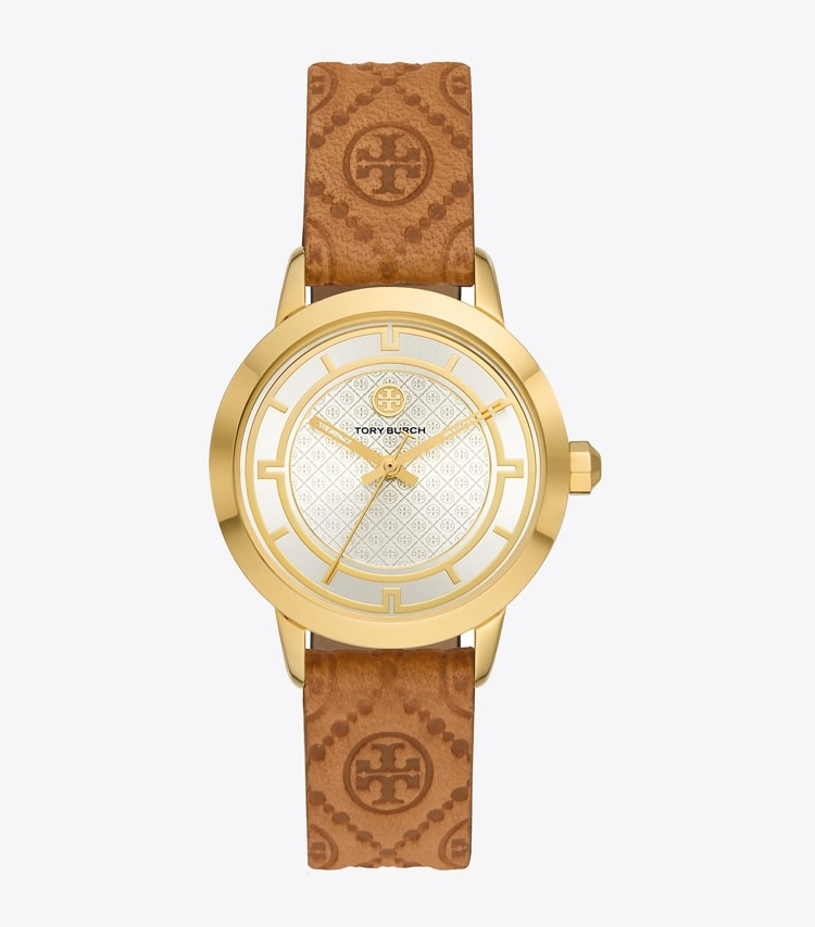 Tory Burch designer strap watches T Monogram Tory Watch, Luggage Leather/Gold-Tone Stainless Steel, 32 x 42MM  in IVORY/CAMMELLO front