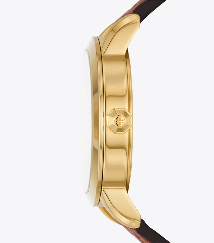 Tory Burch designer strap watches T Monogram Tory Watch, Luggage Leather/Gold-Tone Stainless Steel, 32 x 42MM  in IVORY/CAMMELLO side