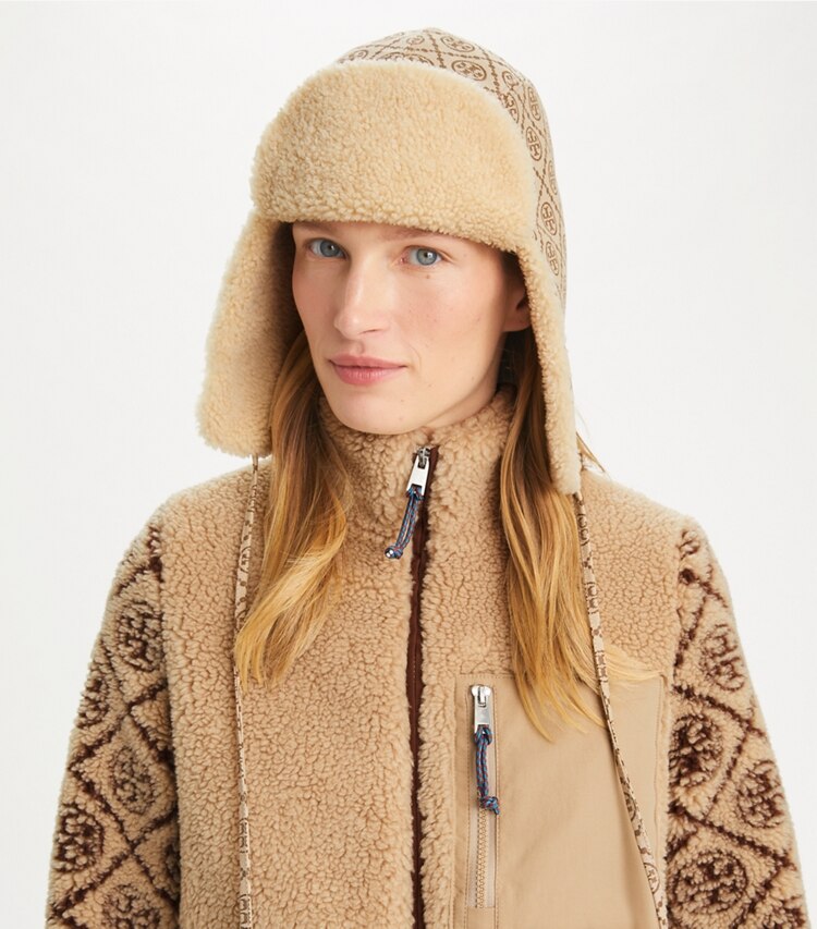 Tory Burch designer hats T Monogram Trapper Hat in Hazel accessory on model